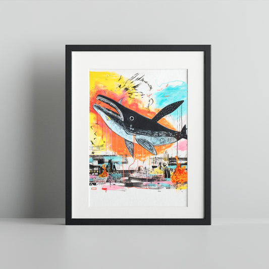 Vibrant Whale Art Print with Abstract Background Artwork