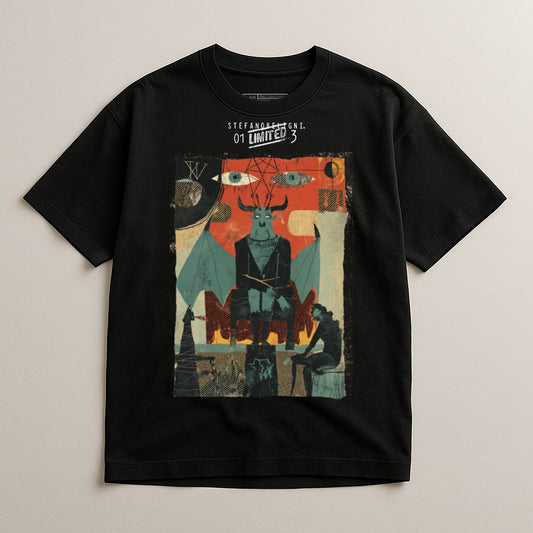 Black t-shirt with a dark, surreal graphic featuring a horned figure.