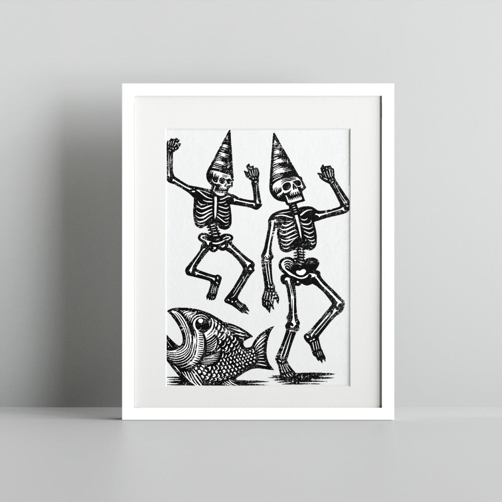 Skeletons Dancing on Fish with Hats Art Print Decor