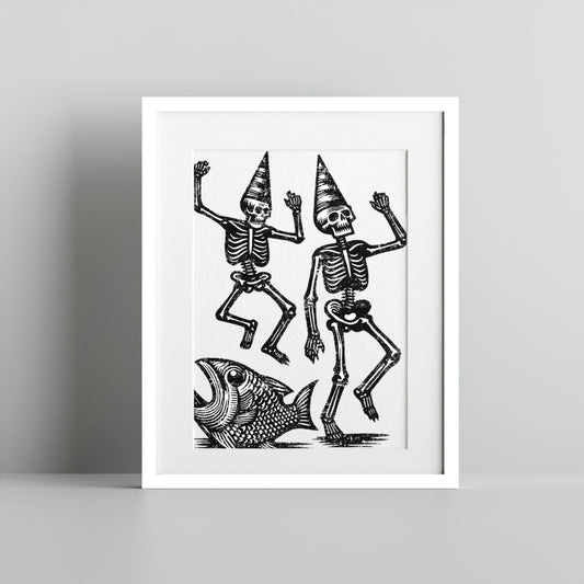 Skeletons Dancing on Fish with Hats Art Print Decor