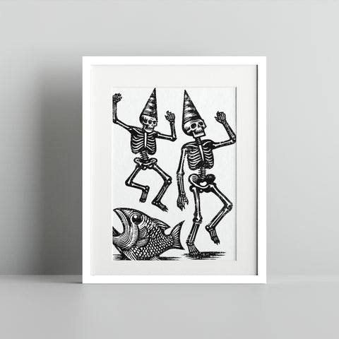 Skeletons Dancing on Fish with Hats Art Print Decor