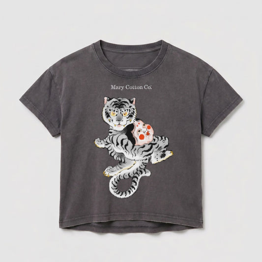 T-shirt with a graphic of a stylized tiger holding a playful mask.