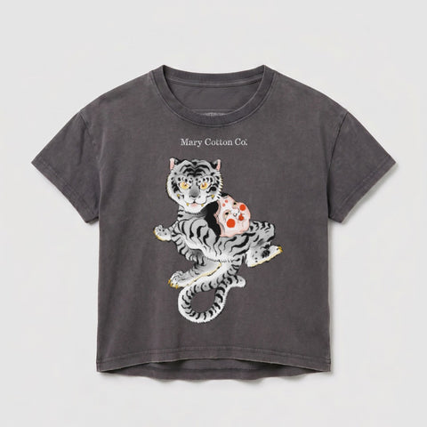 T-shirt with a graphic of a stylized tiger holding a playful mask.