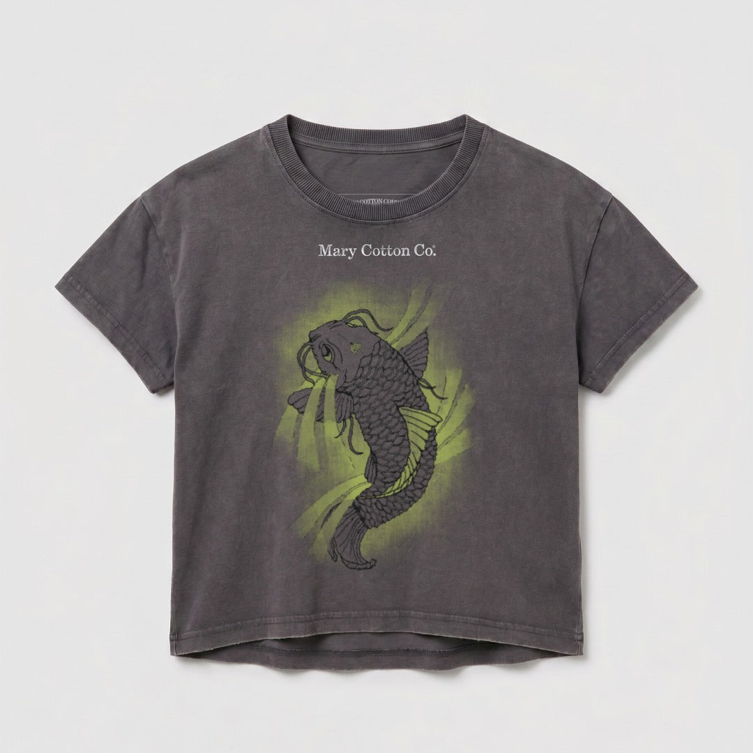 Dark grey t-shirt with a neon green koi fish design and "Mary Cotton Co." text.