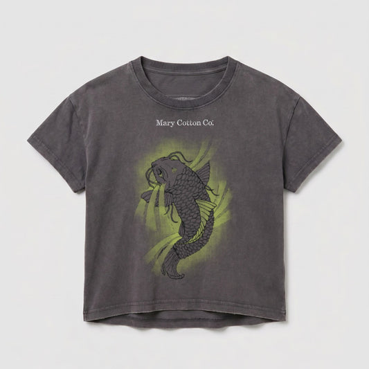 Dark grey t-shirt with a neon green koi fish design and "Mary Cotton Co." text.