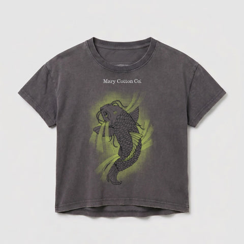 Dark grey t-shirt with a neon green koi fish design and "Mary Cotton Co." text.