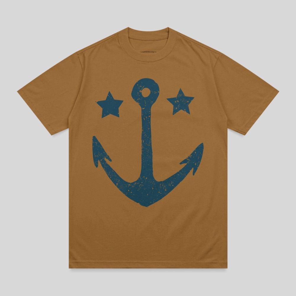 Brown t-shirt with a large blue anchor and two stars graphic.