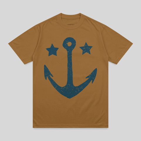 Brown t-shirt with a large blue anchor and two stars graphic.