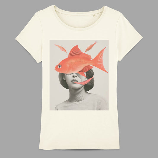 Women's T-Shirt with Surreal Portrait and Red Fish Design