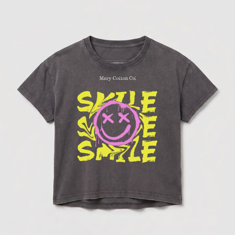 Dark grey t-shirt with pink smiley face and yellow "SMILE" text.