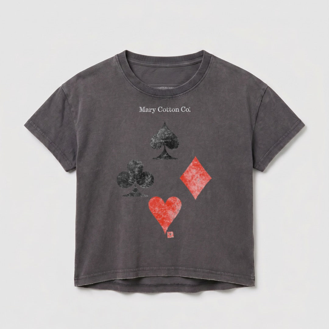 Dark grey t-shirt with a red spade, red diamond, and black club card suit symbols.