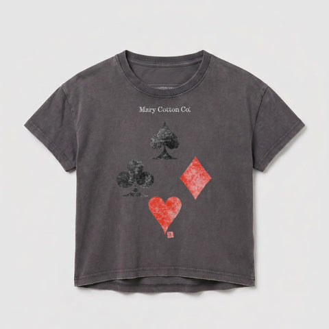 Dark grey t-shirt with a red spade, red diamond, and black club card suit symbols.