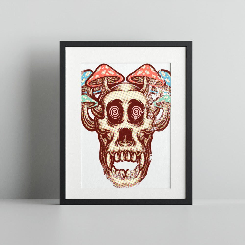 Psychedelic Skull and Mushrooms Art Print for Home Decor