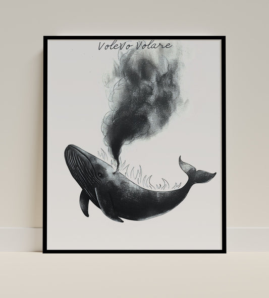 Volevo Volare Whale Art Print Black and White Poster