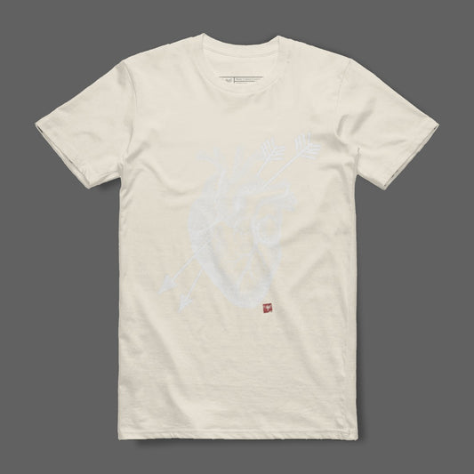 White T-shirt with Artistic Heart and Arrow Print Design