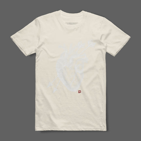 White T-shirt with Artistic Heart and Arrow Print Design