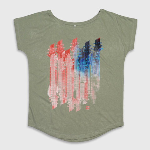 Colorful Guitar Neck Graphic Olive Green Top