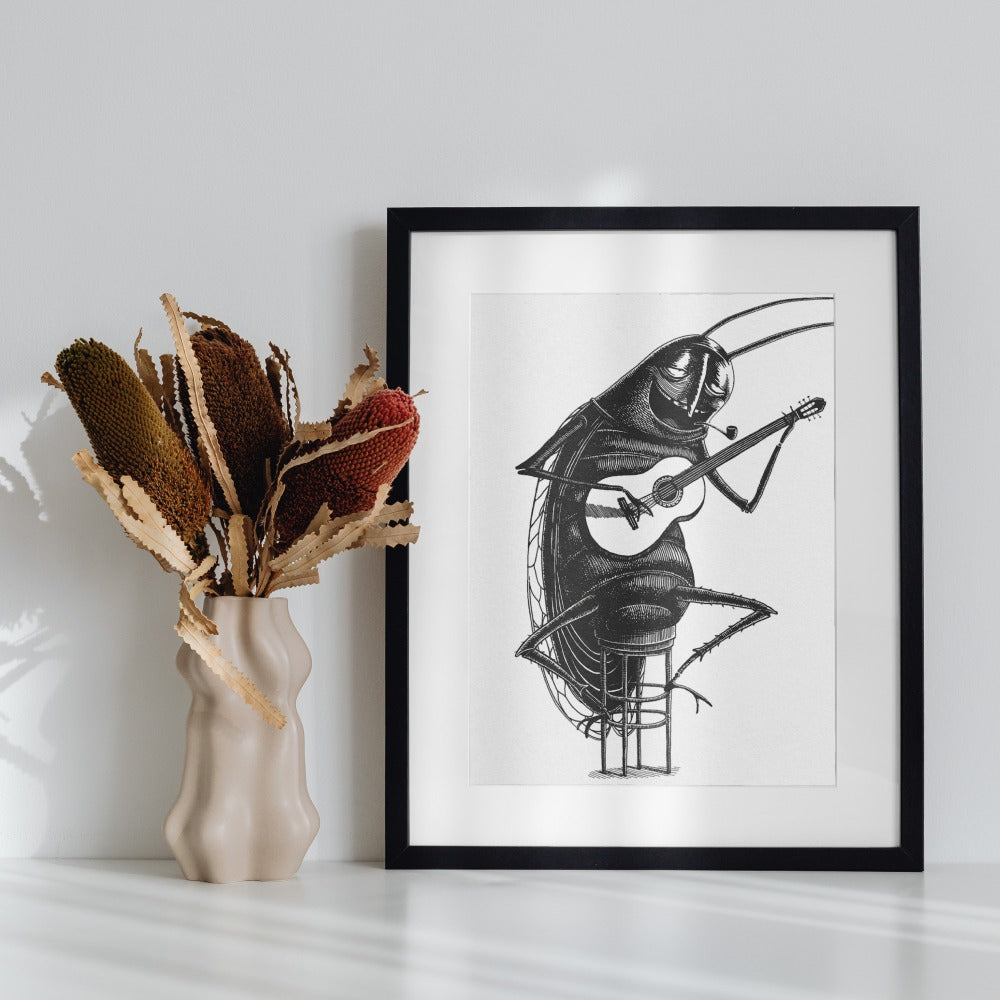Insect Playing Guitar with Frame Art Print