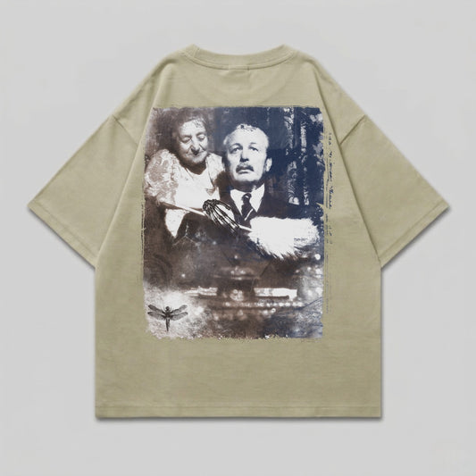 T-shirt with sepia-toned portrait of a couple and a dragonfly graphic.