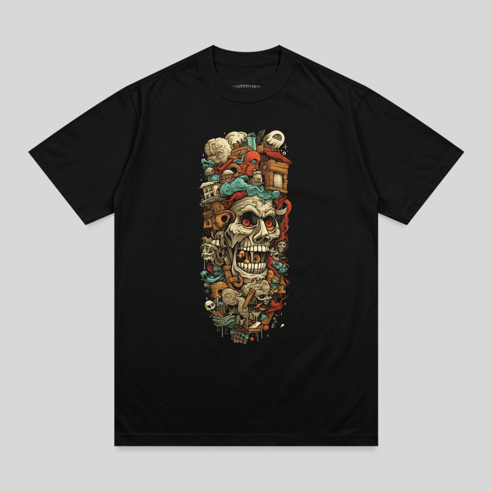 Mythical Skull Chaos Cityscape Illustration Black T-Shirt product type