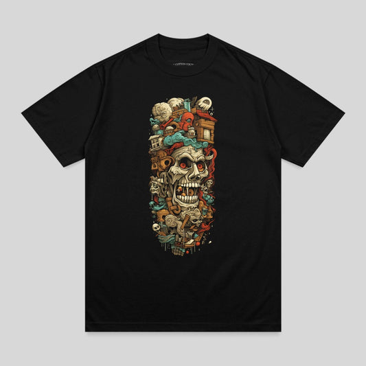 Mythical Skull Chaos Cityscape Illustration Black T-Shirt product type