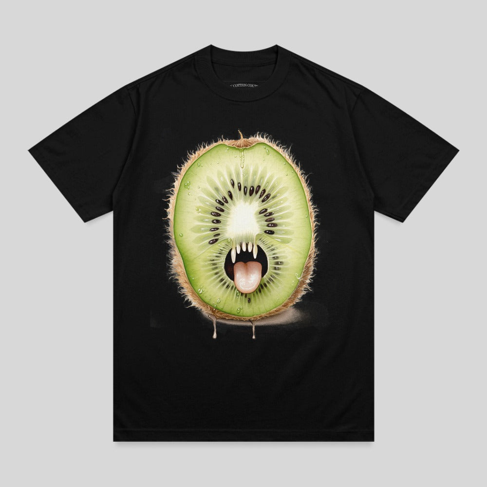 Black t-shirt with a graphic of a kiwi fruit monster with a wide mouth and fangs.