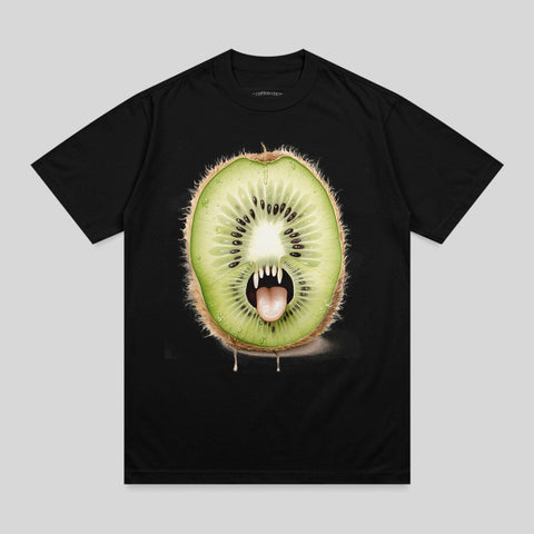 Black t-shirt with a graphic of a kiwi fruit monster with a wide mouth and fangs.