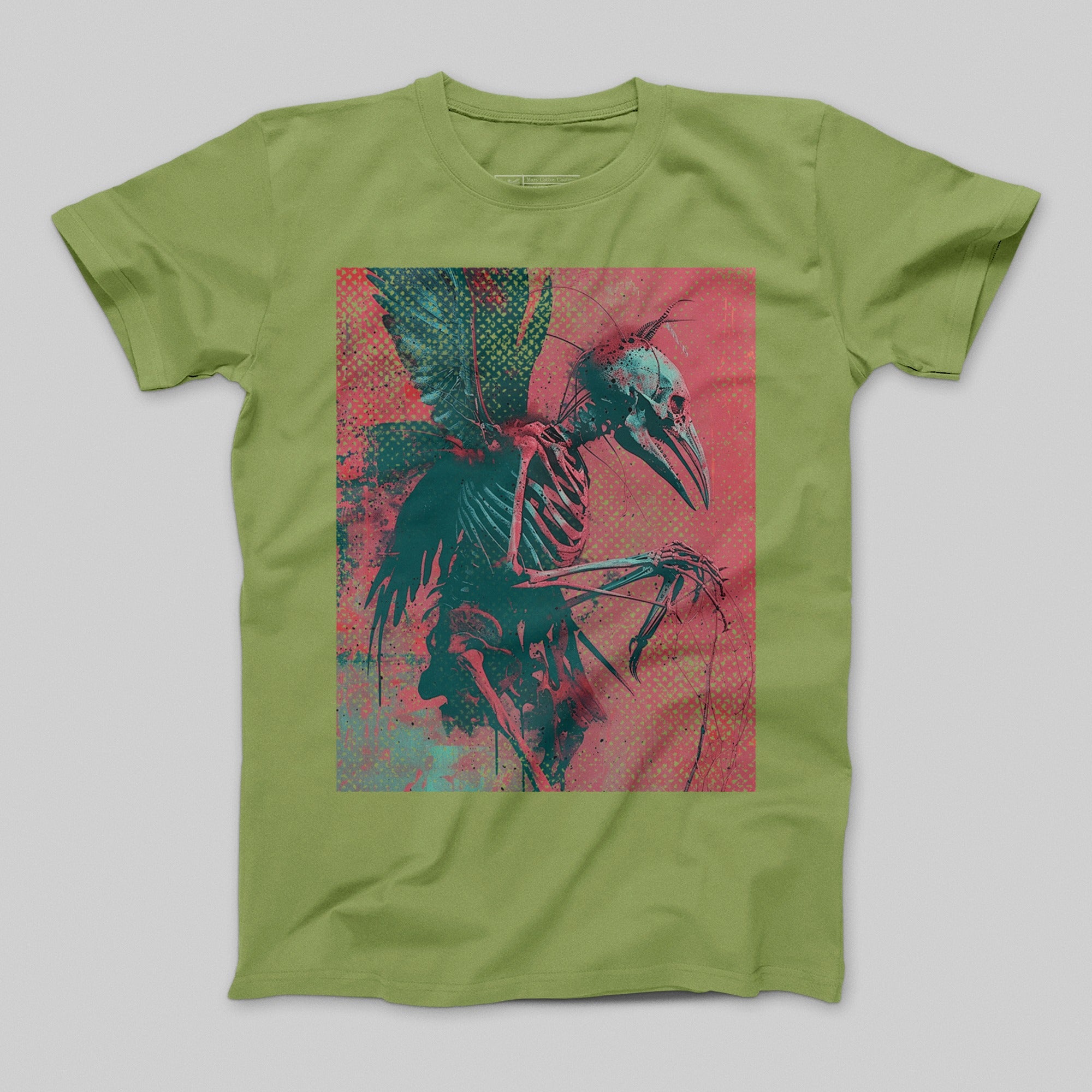 Vibrant Skeleton Bird Art Print on Green Tee Shirt