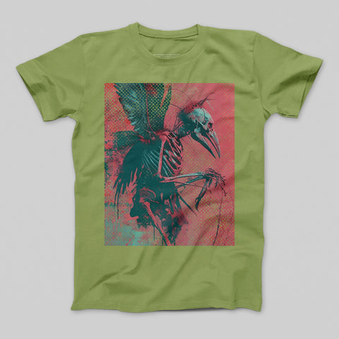 Vibrant Skeleton Bird Art Print on Green Tee Shirt