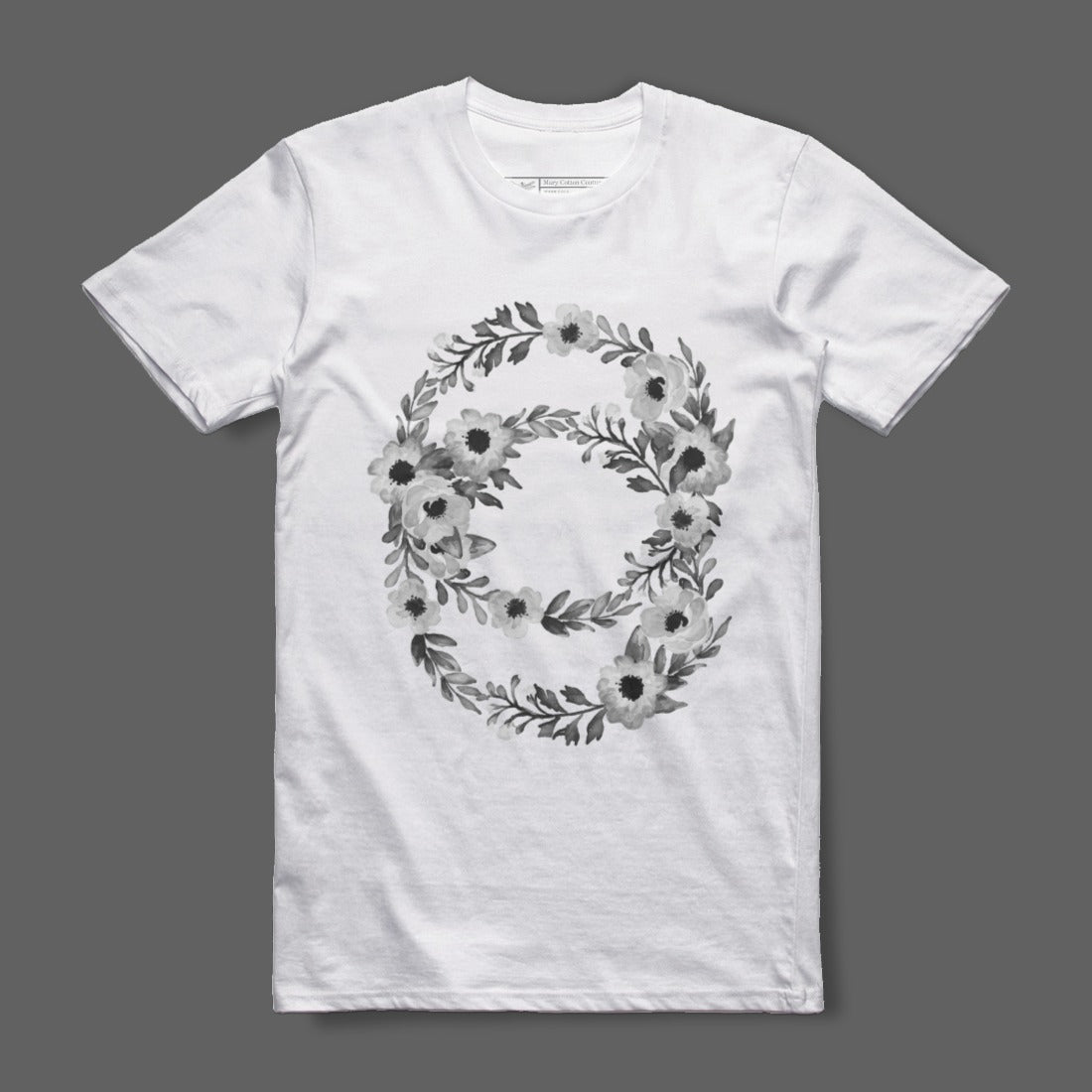 Monochrome Floral Wreath Graphic White T-Shirt