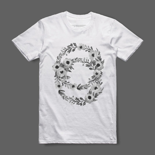 Monochrome Floral Wreath Graphic White T-Shirt