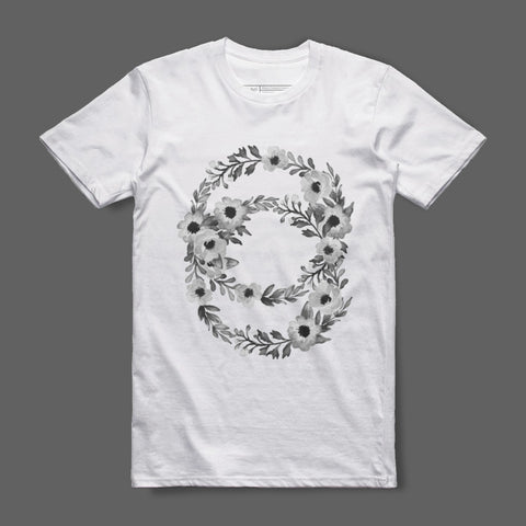 Monochrome Floral Wreath Graphic White T-Shirt