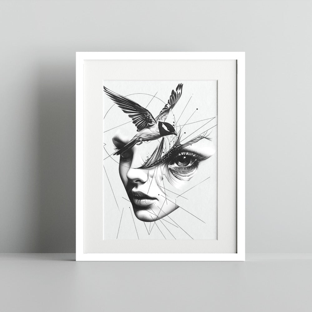 Abstract Woman with Bird Artwork Print in Black and White