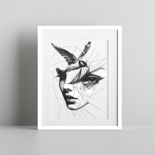 Abstract Woman with Bird Artwork Print in Black and White