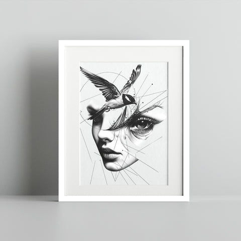 Abstract Woman with Bird Artwork Print in Black and White