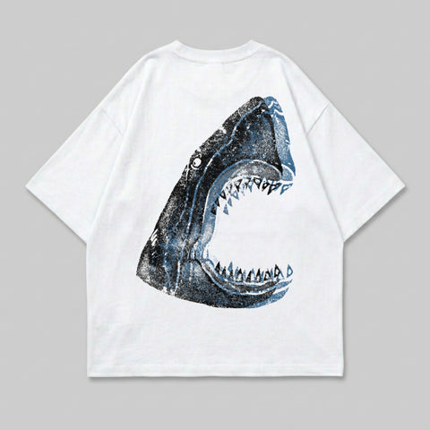 White t-shirt with a close-up graphic of a shark's open mouth.