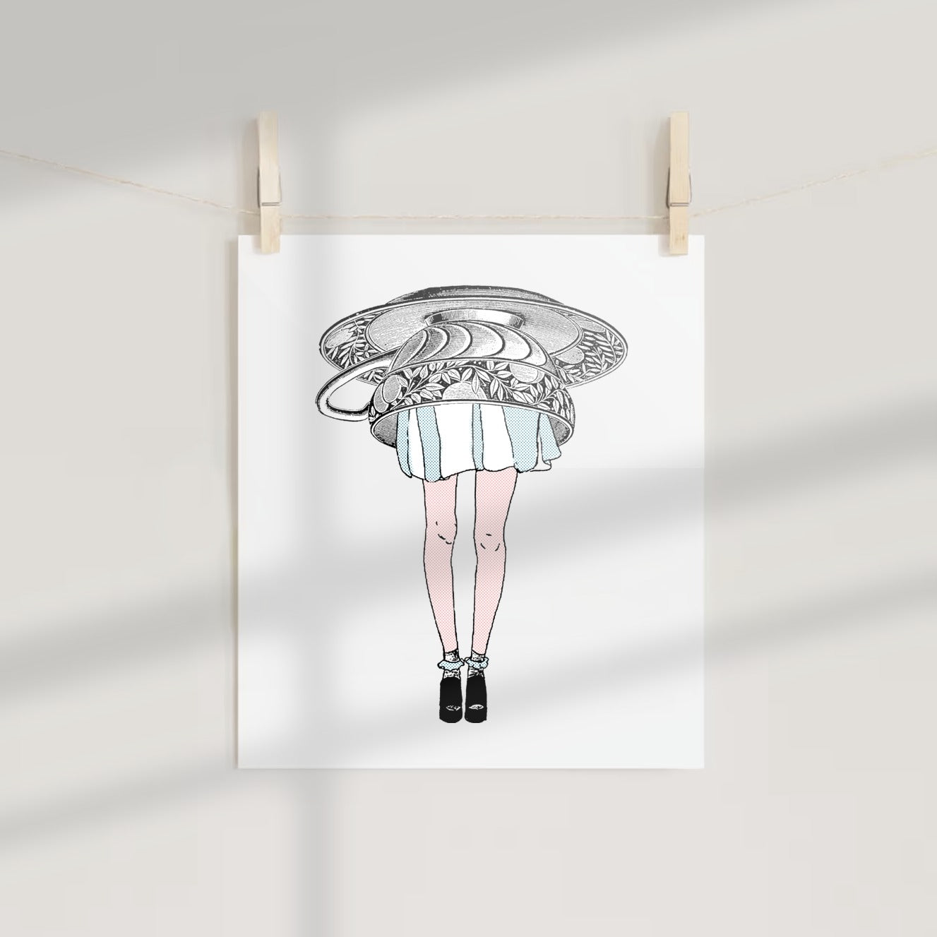Quirky Art Print of Girl Hidden By Dishes poster