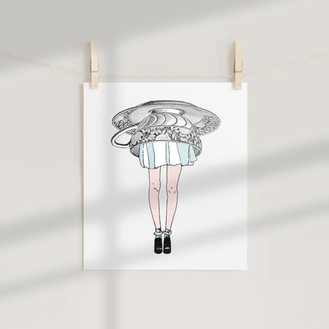 Quirky Art Print of Girl Hidden By Dishes poster