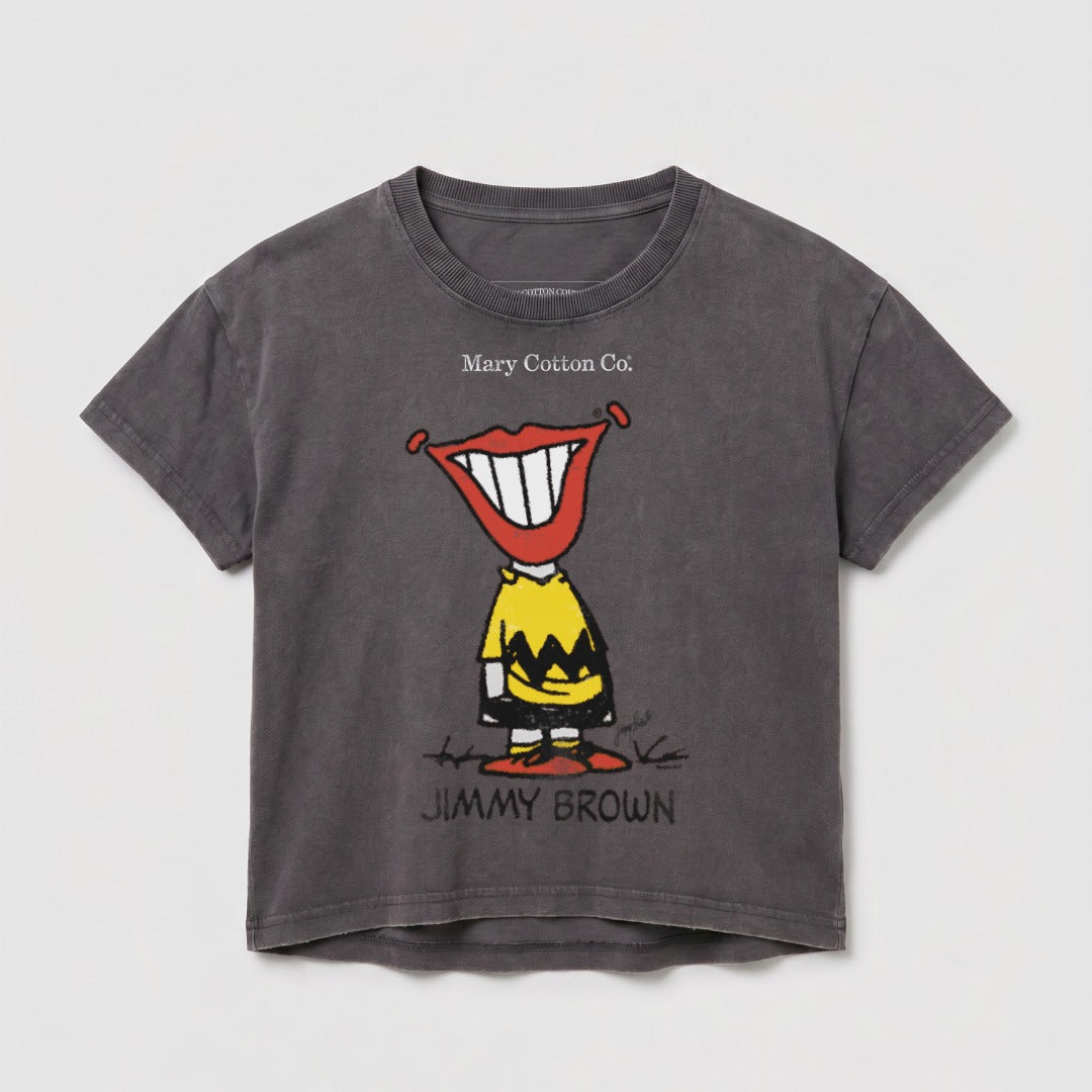 Charcoal t-shirt with cartoon character and "JIMMY BROWN" text.