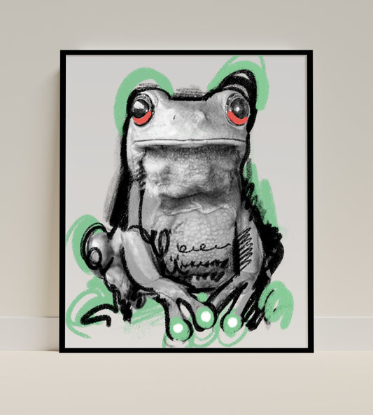 Cute Frog Sketch Drawing with Red Eyes Wall Art Decor