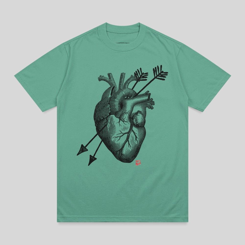 Green Engraved Anatomical Heart Arrows Graphic T-shirt