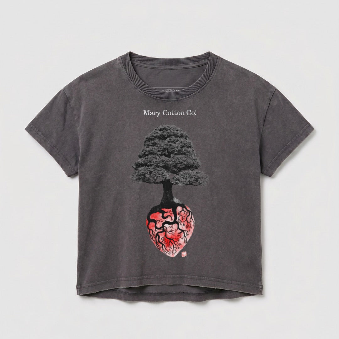 Dark gray t-shirt with a tree growing from a heart illustration.
