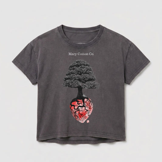 Dark gray t-shirt with a tree growing from a heart illustration.