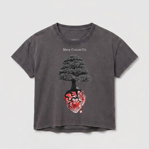 Dark gray t-shirt with a tree growing from a heart illustration.