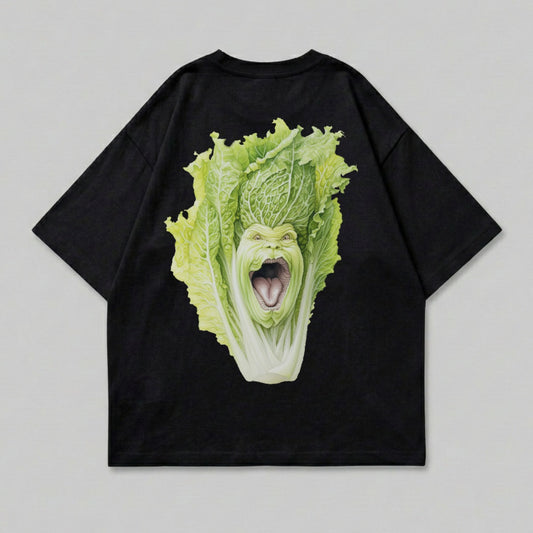 Black t-shirt with a screaming napa cabbage face graphic on the back.