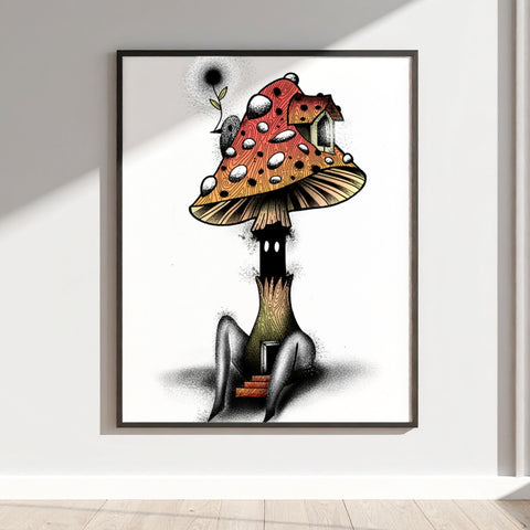 Whimsical Mushroom House Art Print with Quirky Details