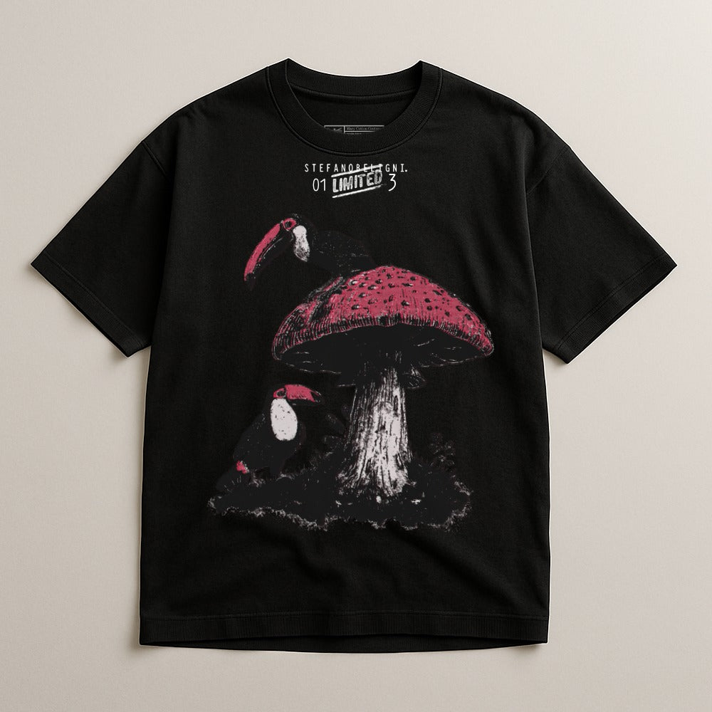 Unique Toucan and Mushroom Graphic T-Shirt