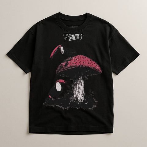 Unique Toucan and Mushroom Graphic T-Shirt