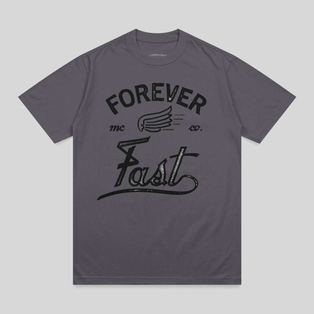 Grey t-shirt with "Forever Fast mc co." graphic and wing design.
