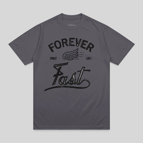 Grey t-shirt with "Forever Fast mc co." graphic and wing design.